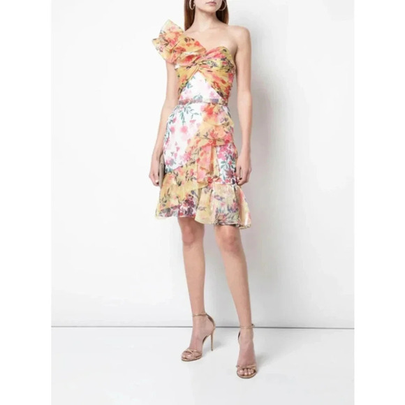 Marchesa Notte Colorblock Floral One-Shoulder Twisted Ruffle Dress Ivory Size 16 - Picture 3 of 13